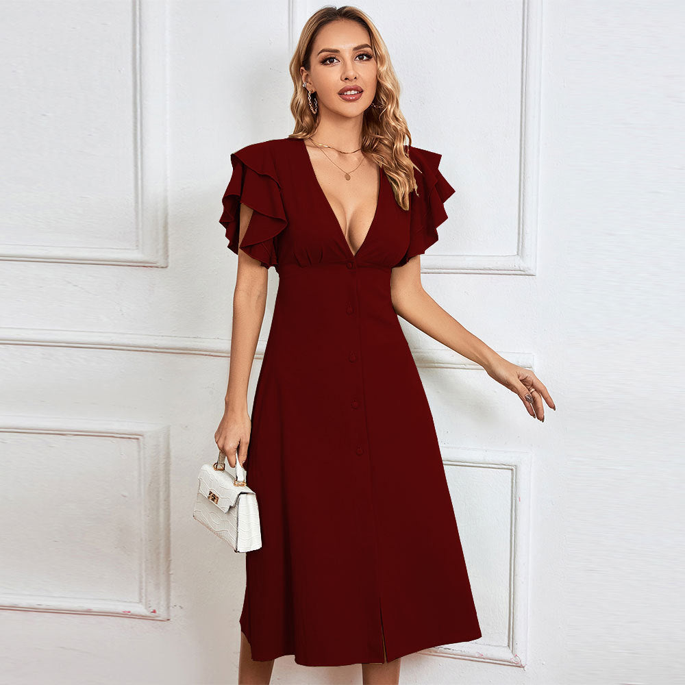 Damen Midi-Kleid mit voluminösen Rüschendetails und tiefem V-Ausschnitt, Größe