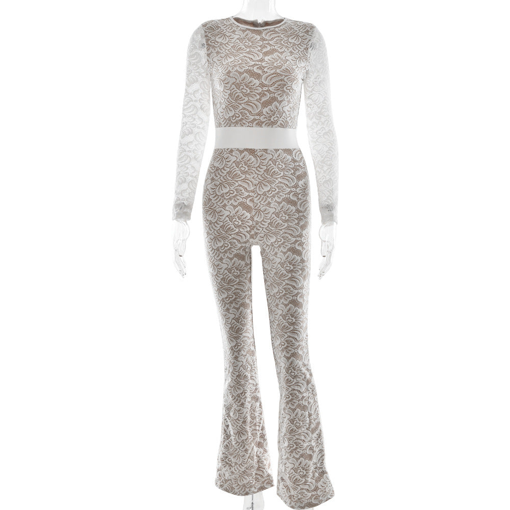 Women's Elegant Lace Jumpsuit with Floral Motifs Size