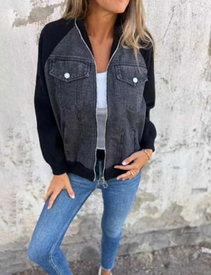 Women's denim jacket with contrasting sleeves and practical pockets, size S