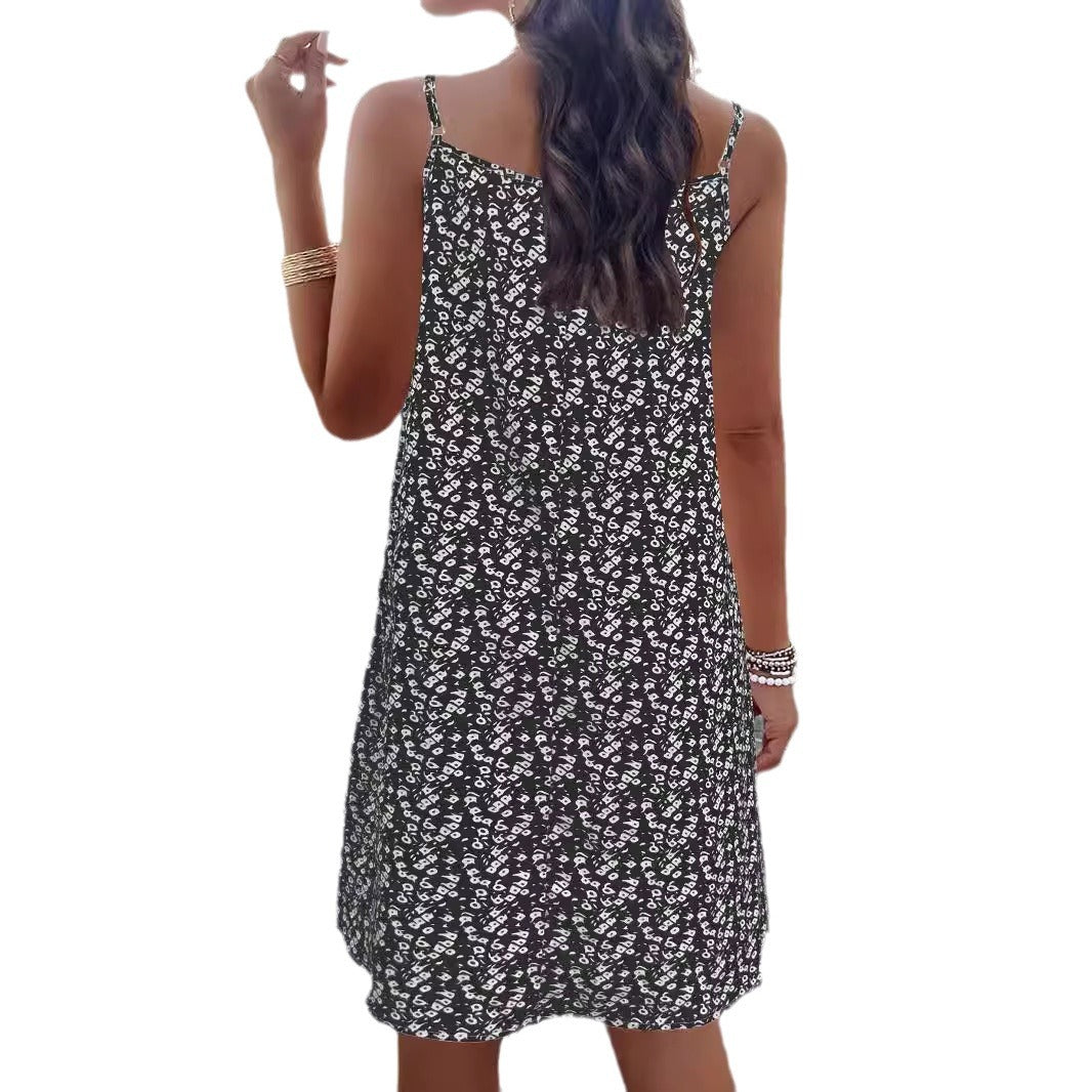 Women's Sleeveless Summer Dress with Elastic Waist and Floral Print Drune