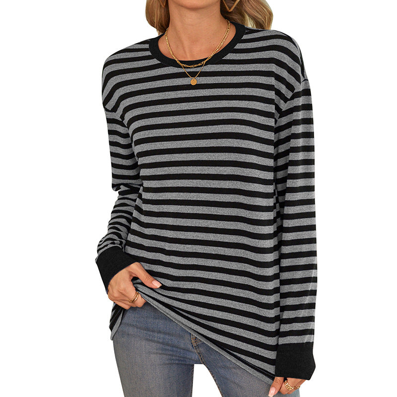 Women's comfortable long-sleeved shirt with striped design and round neckline, size