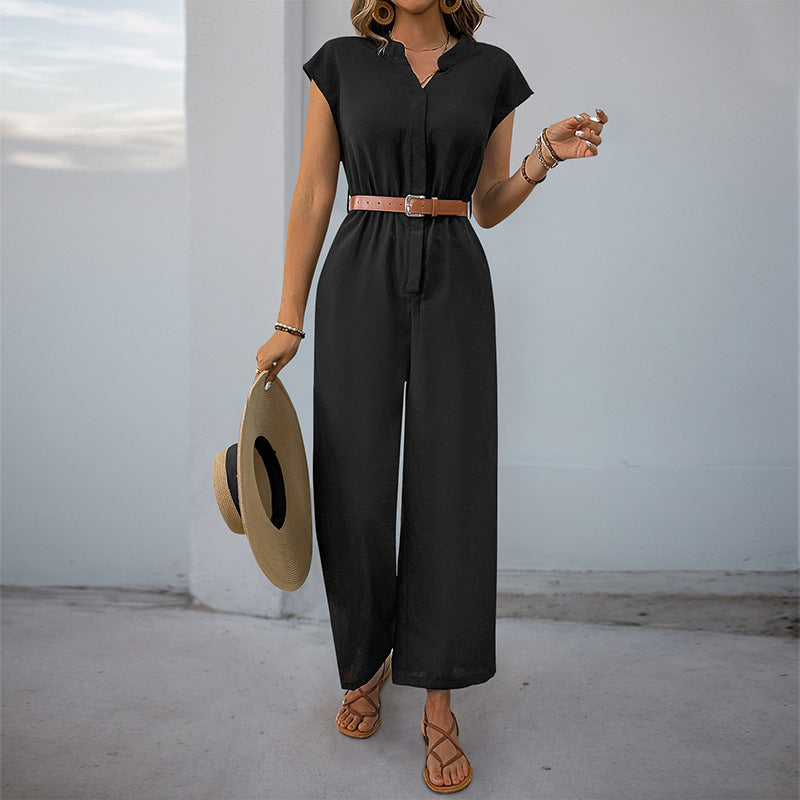 Damen-Jumpsuit mit elegantem Taillengürtel und modernem V-Ausschnitt, Größe