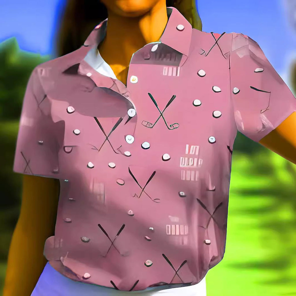 Women's short-sleeved shirt with a fashionable golf print and comfortable cut, size S