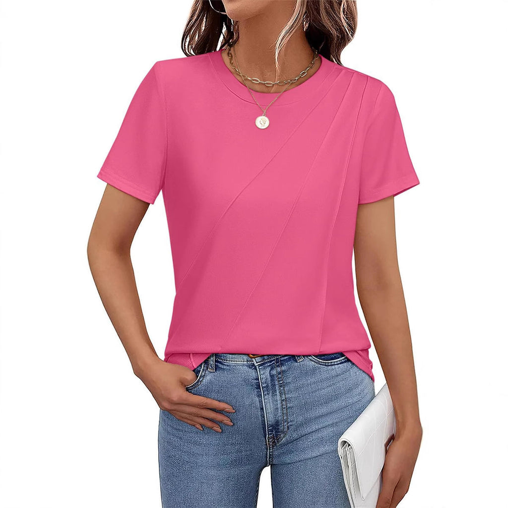 Valenzora | Solid color striped loose round neck short sleeve top
