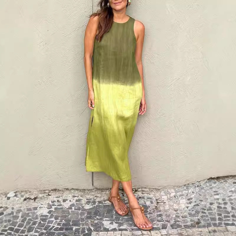 Valenzora | Cotton Linen Sleeveless Slit Gradient Dress