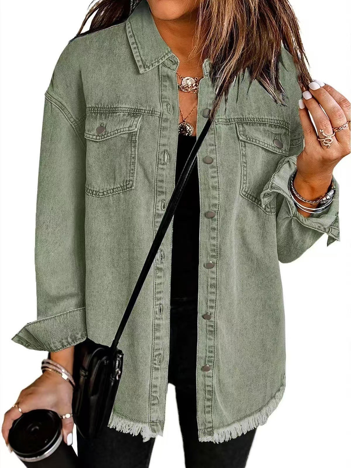 Women's Oversized Denim Shirt with Fringes, Size