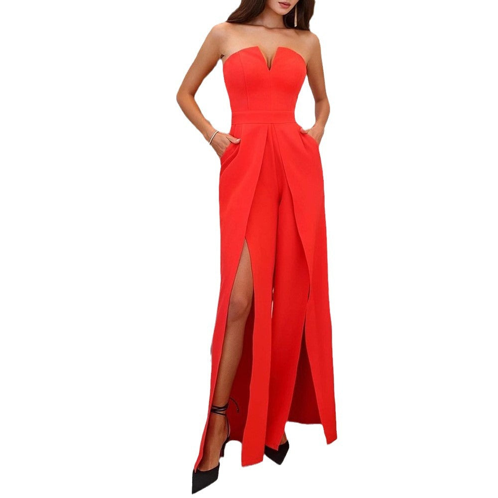 Women's Elegant Strapless Jumpsuit with Wide Legs and Pockets, Size