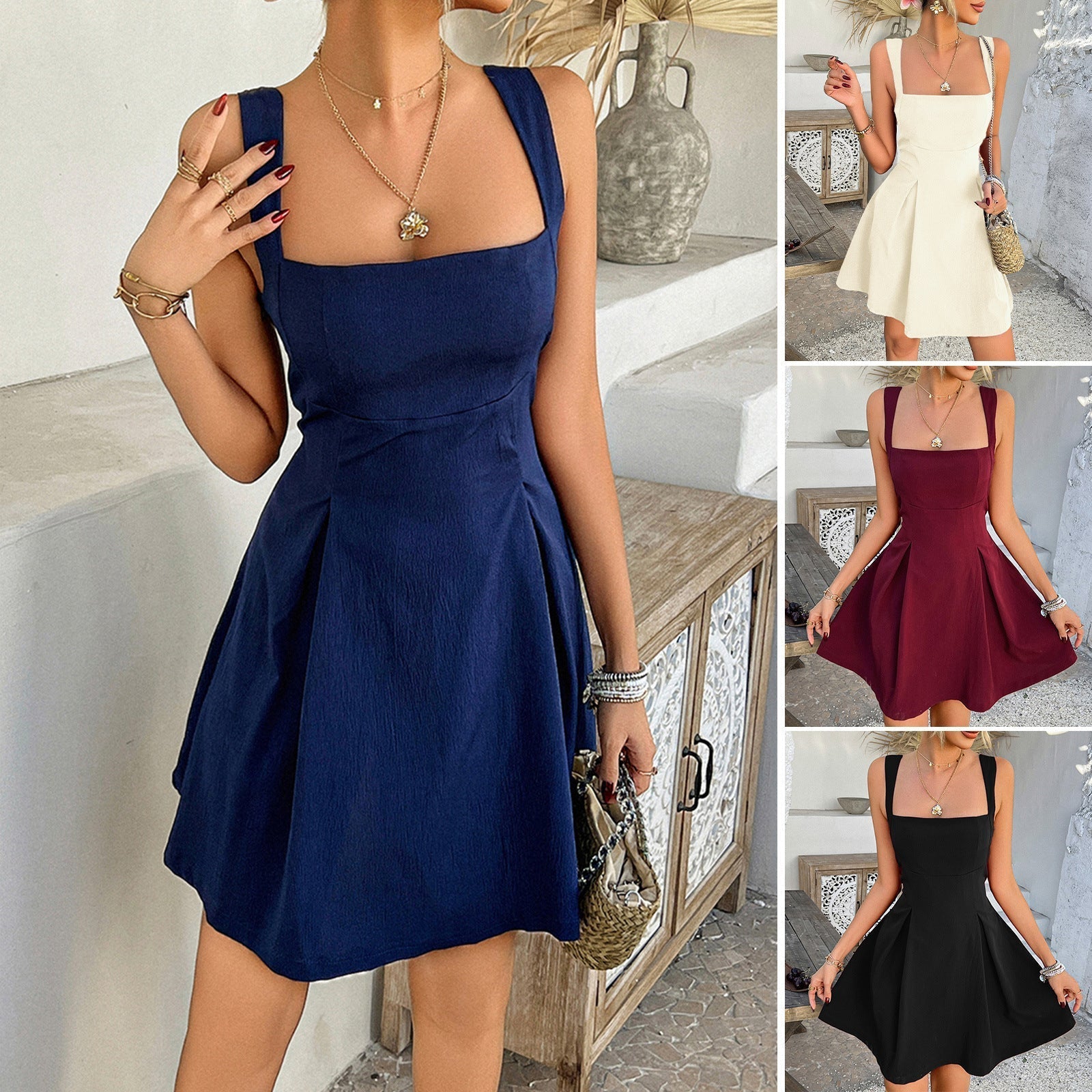 Women's A-line dress with square neckline and full skirt, size
