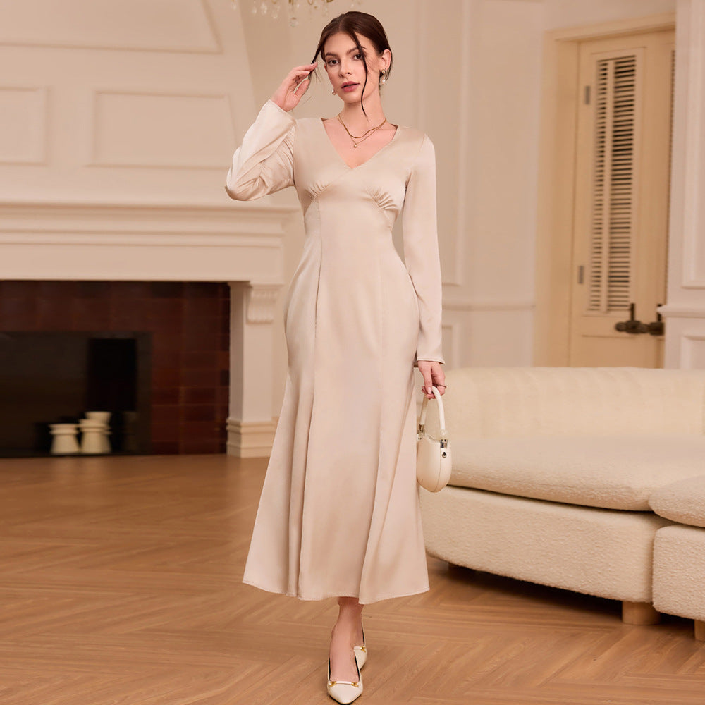 Women's elegant satin dress with V-neck and long sleeves, size