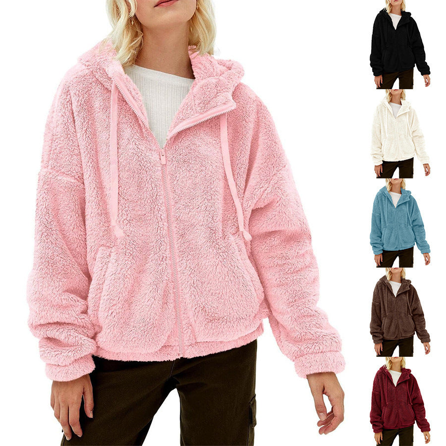 Women's fleece jacket with cozy lining and practical hood design, size S