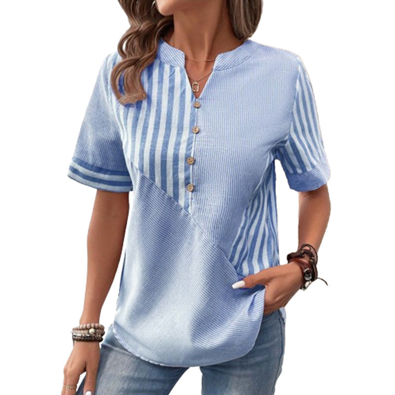 Valenzora V-neck Asymmetrical Striped Patchwork Top
