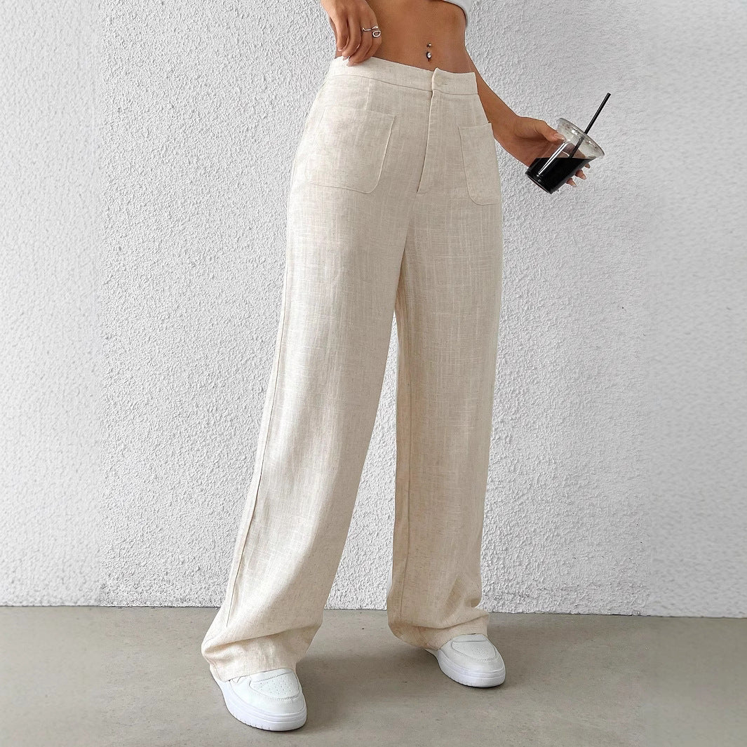 Women's wide linen trousers with elasticated waistband and practical pockets, size