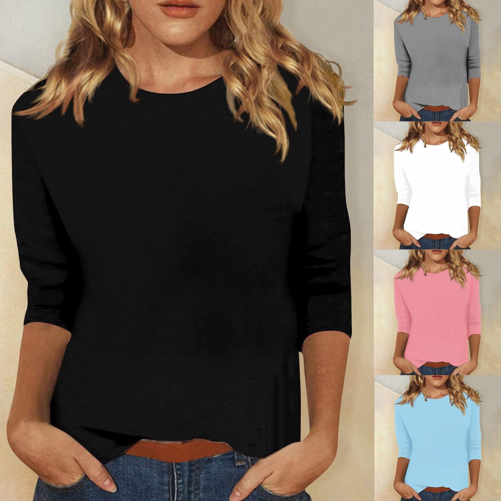 Damen Freizeit-Oberteil mit eleganten 3/4 Ärmeln und abgerundetem Saum, Größe S