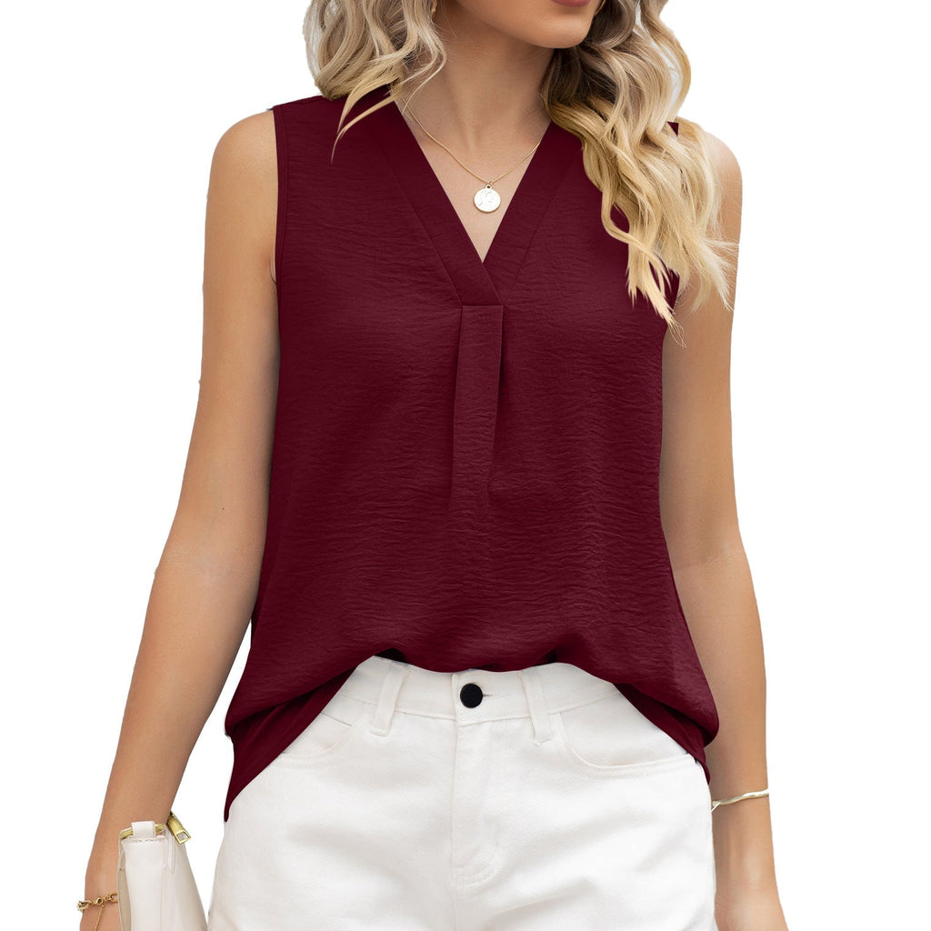 Women's sleeveless blouse with elegant V-neck and decorative pleats, size S