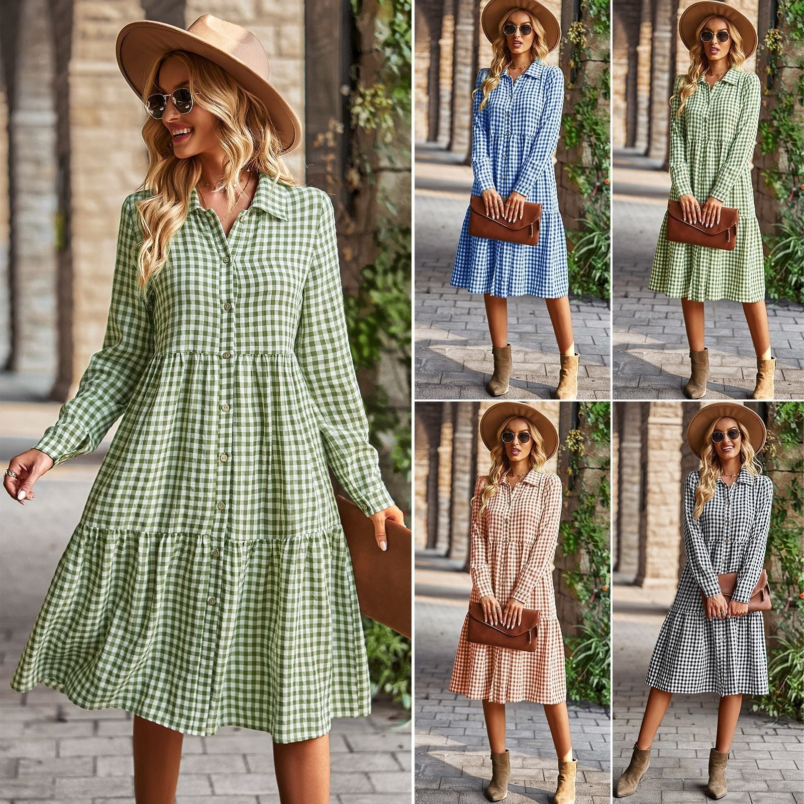 Women's checked midi blouse with button placket and flared skirt, size Valenzora