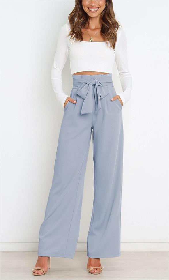 Women's elegant wide-leg trousers with waist belt, size