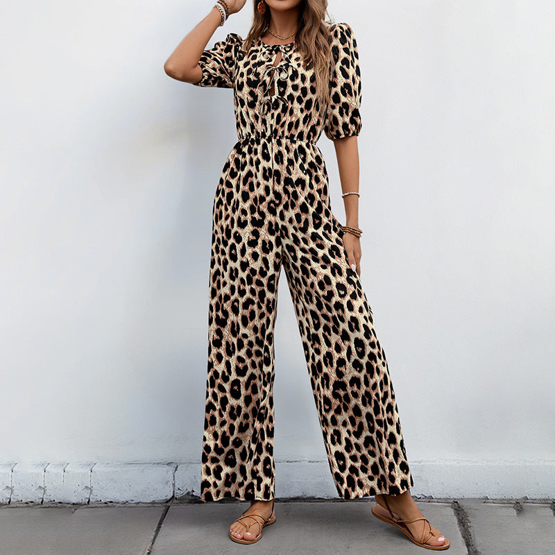 Damen Freizeit-Jumpsuit mit Leopardenmuster und Carmen-Puffärmeln, Größe [Größe]