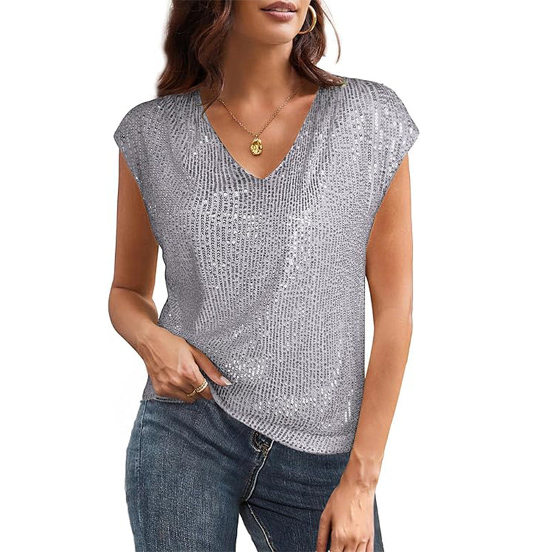 Glitzerndes Damen-Oberteil mit V-Ausschnitt und lockerem Schnitt, Größe [size missing]