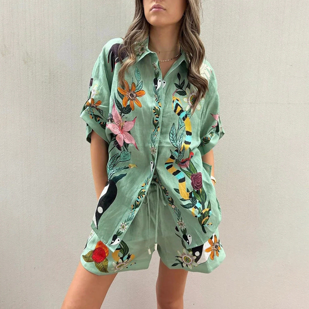 Valenzora | Summer Print Shirt Shorts Loose Casual Two-Piece Set