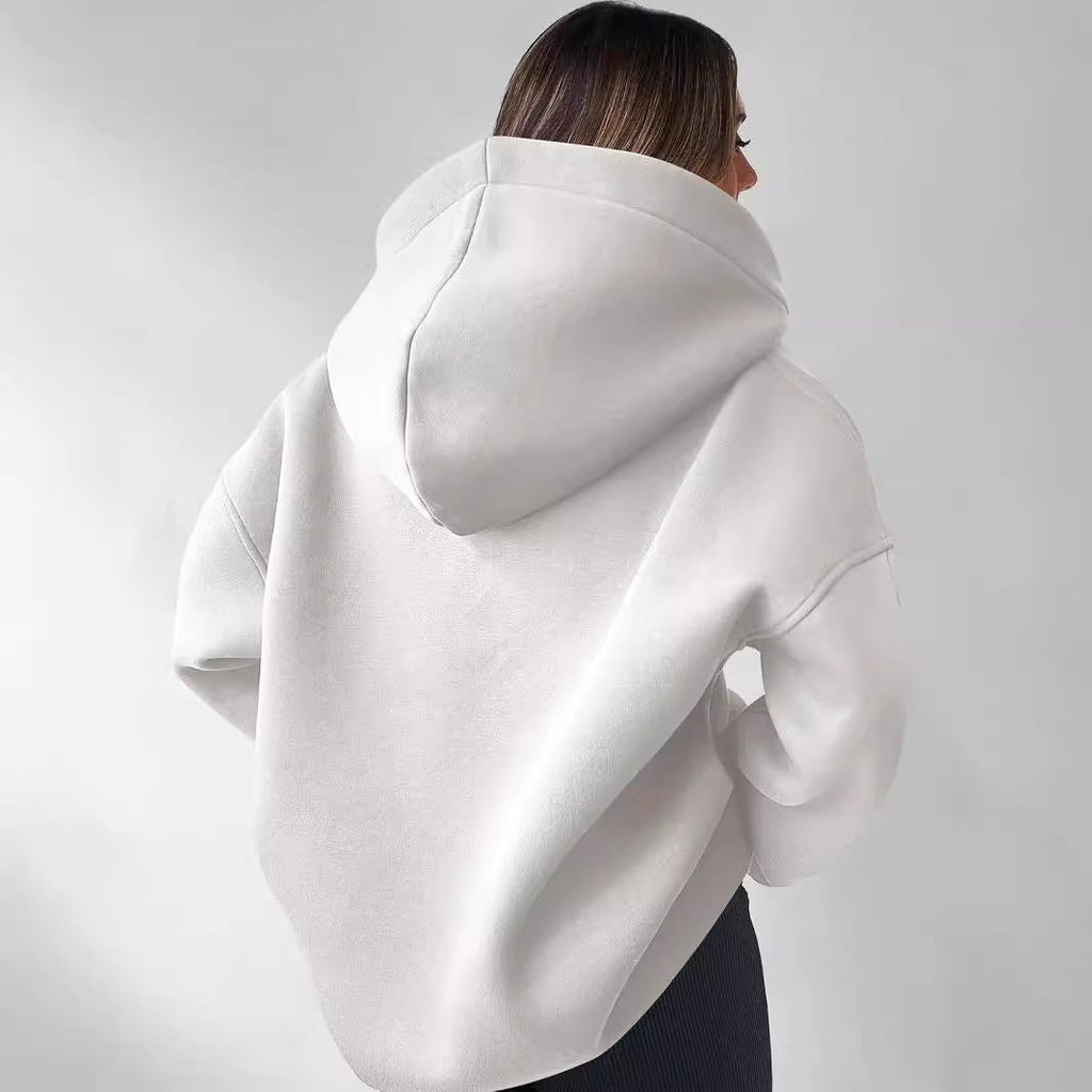 Women's oversized hoodie with a modern stand-up collar and soft materials, size S