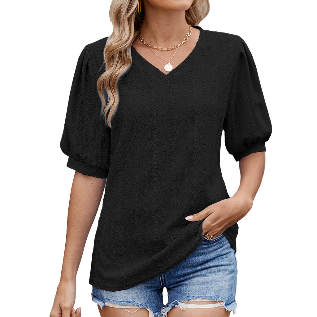 Women's blouse with elegant puff sleeves and delicate openwork pattern, size