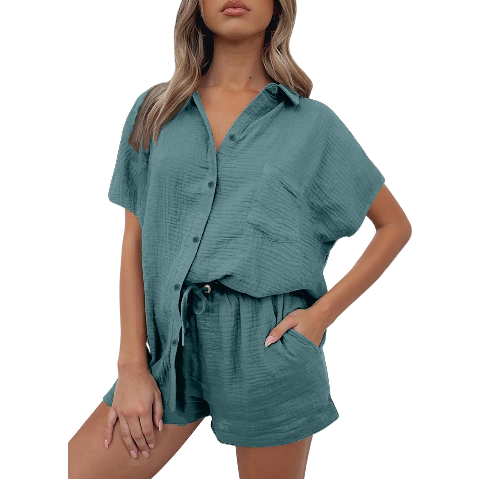 Women's casual short-sleeved shirt and shorts set made from durable cotton material with practical pockets and elastic waistband, size [size missing]