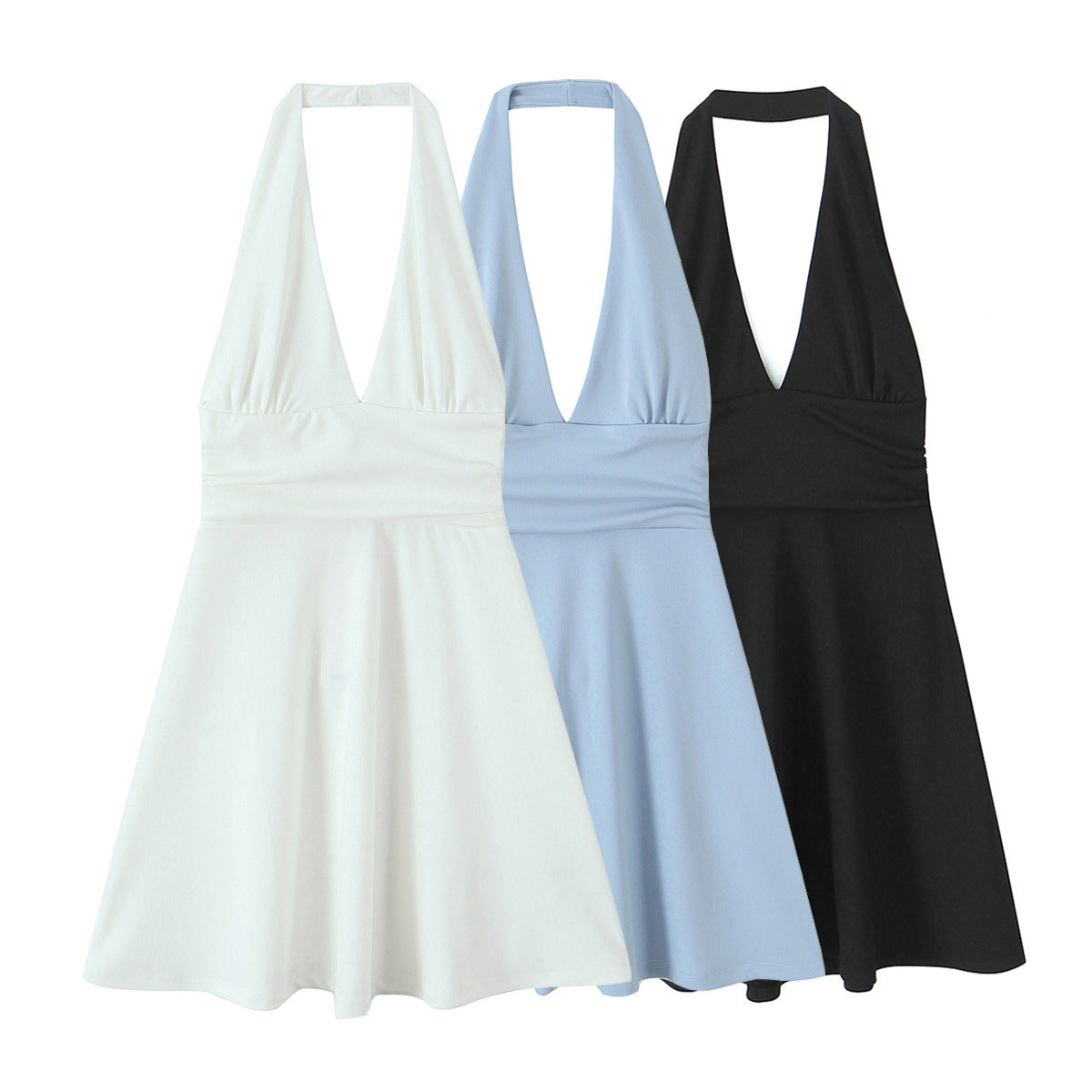 Women's halter dress with deep V-neck and flowing skirt, size