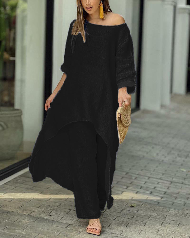 Valenzora | Irregular cotton-linen wide leg two-piece set