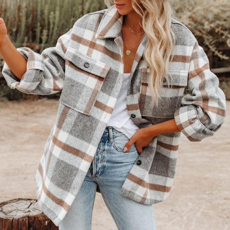 Karierte Damen-Flanelljacke mit entspannter Passform und aufgesetzten Taschen, Größe S