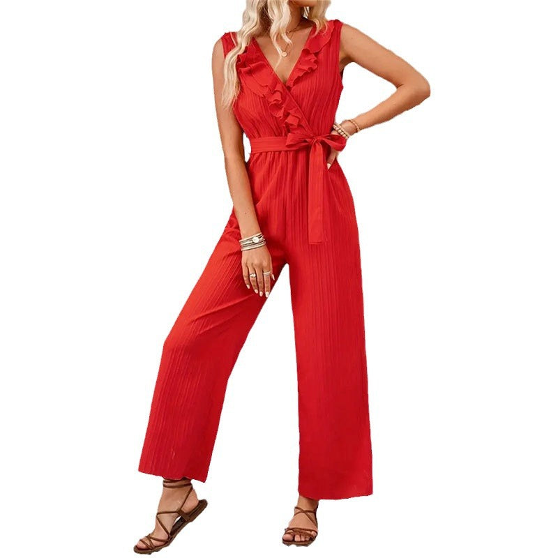 Eleganter Damen-Jumpsuit mit Rüschendetails und Taillengürtel, Größe