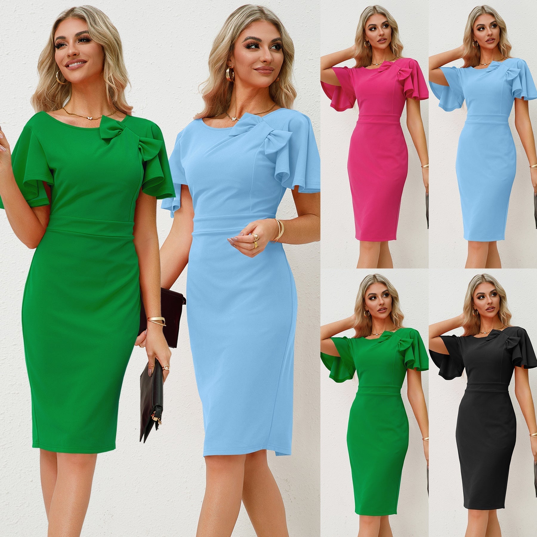 Women's sheath dress with chic bow detail and flowing A-line sleeves, size