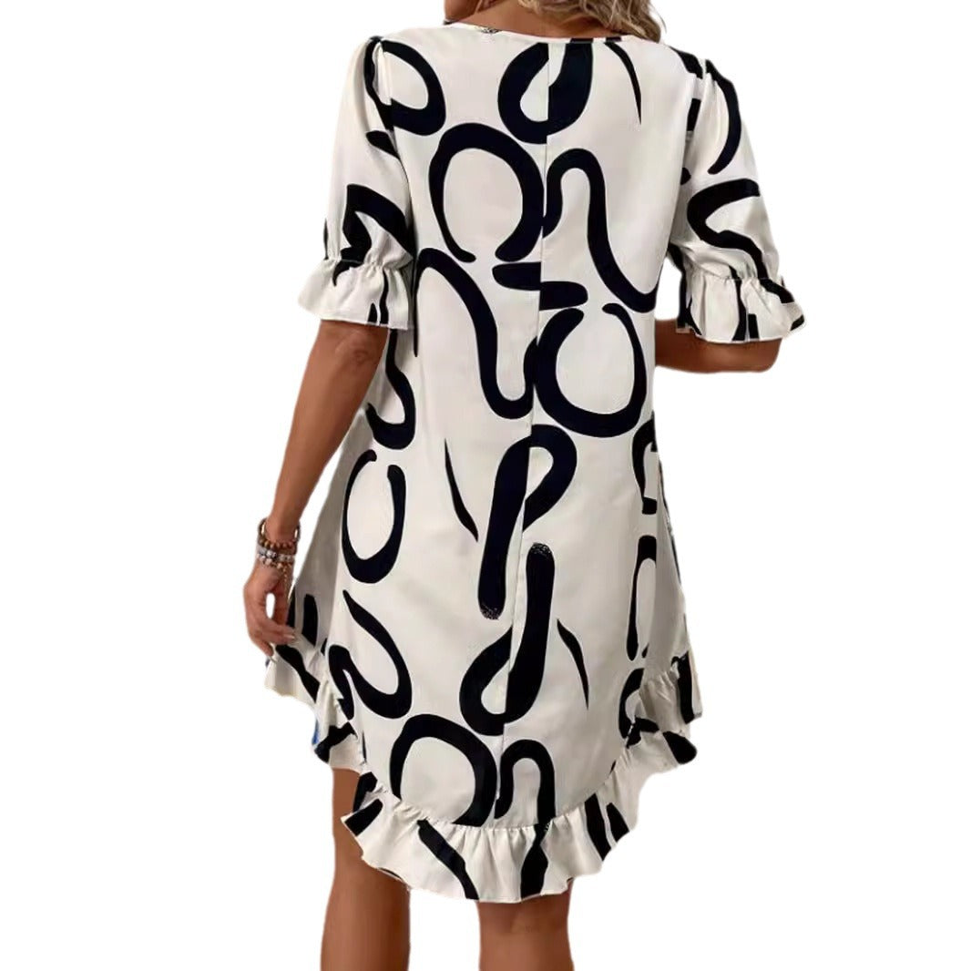 Valenzora | Printed round neck short sleeve midi dress