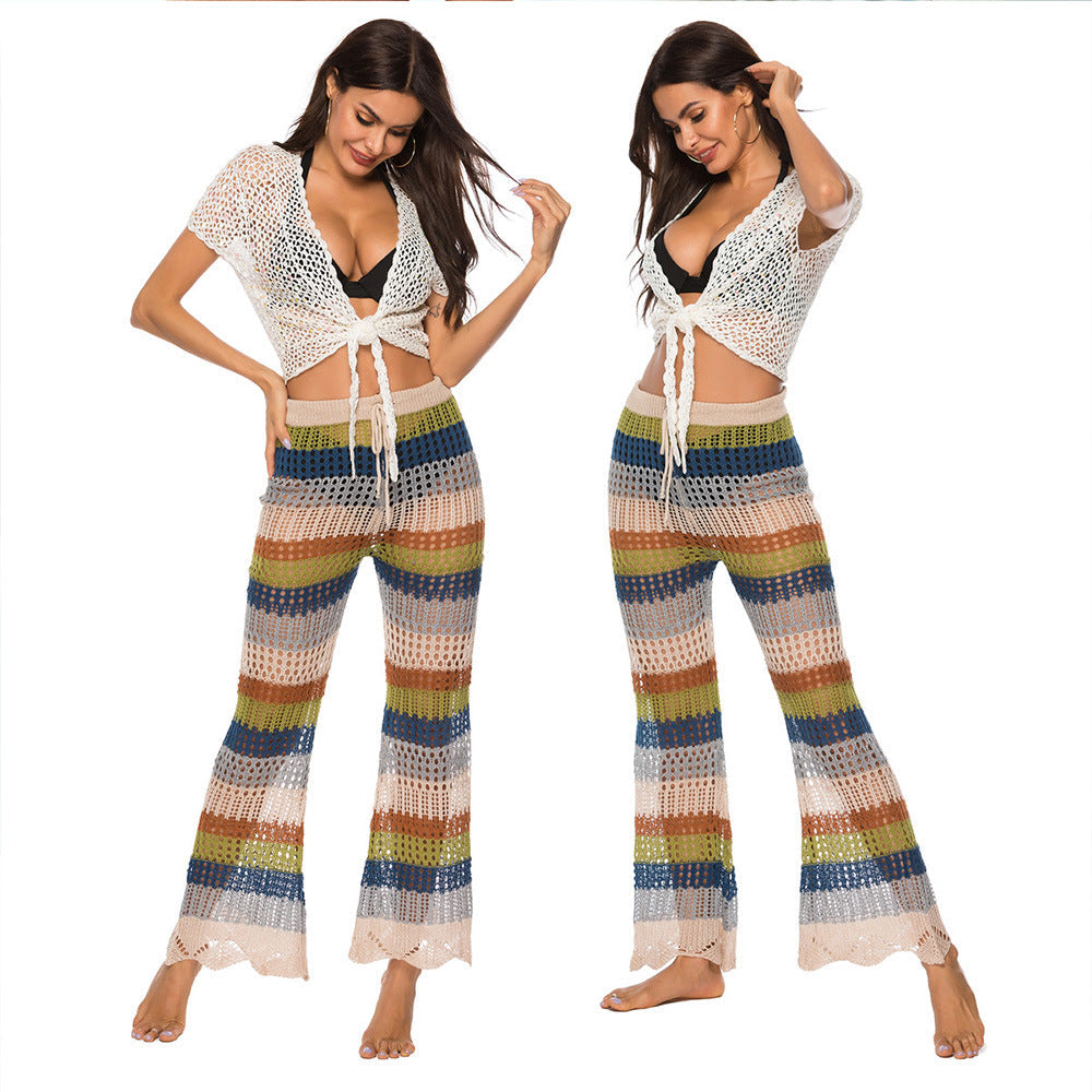 Luftige Häkelhose für Damen im Boho-Stil mit hoher Taille, Größe