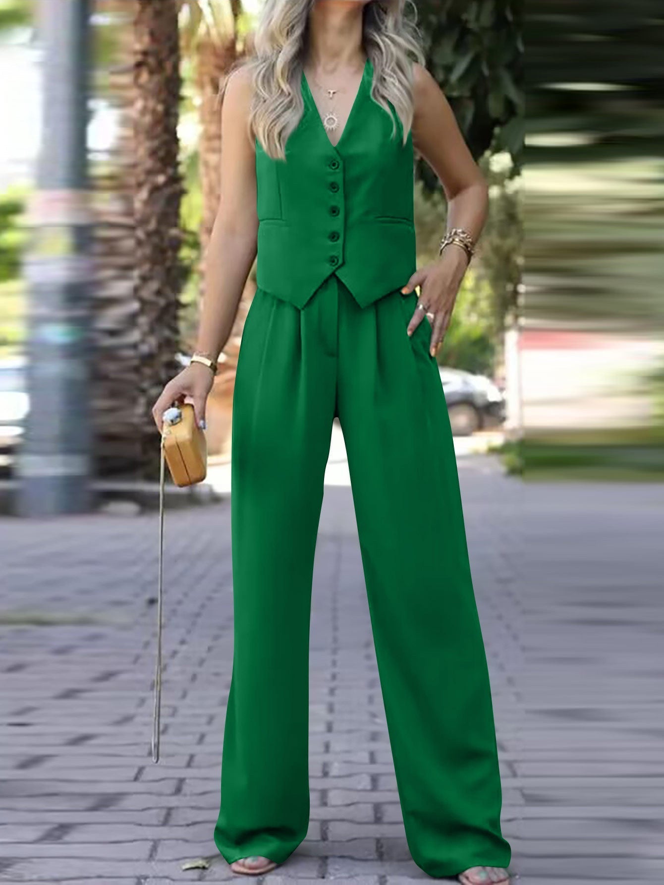 Sleeveless V-neck vest with wide-leg trousers ensemble