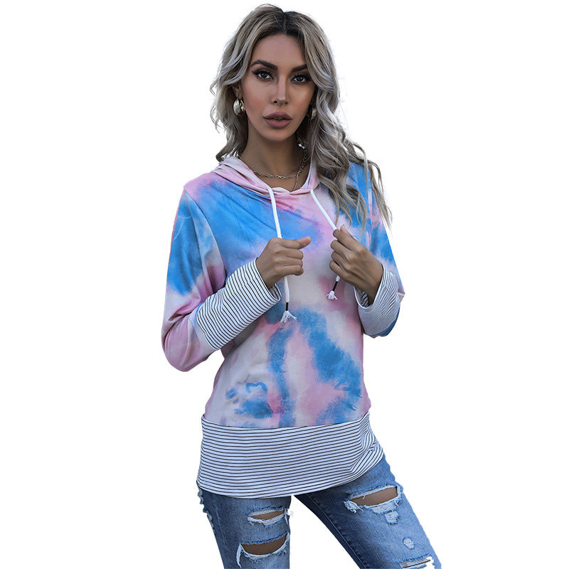 Women's hooded sweatshirt with innovative color gradient and nautical stripes, size