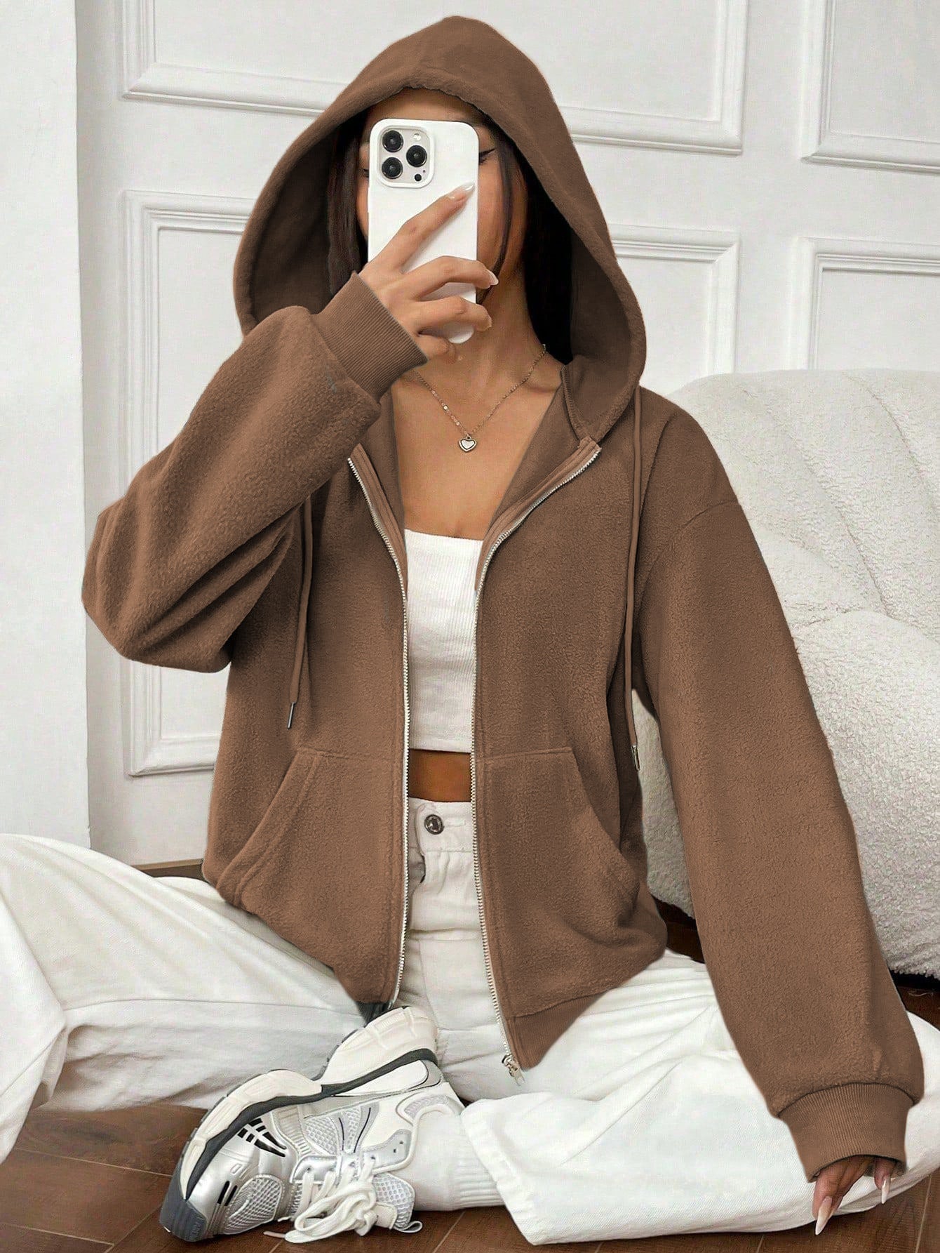 Women's fleece jacket with hood and zipper, size