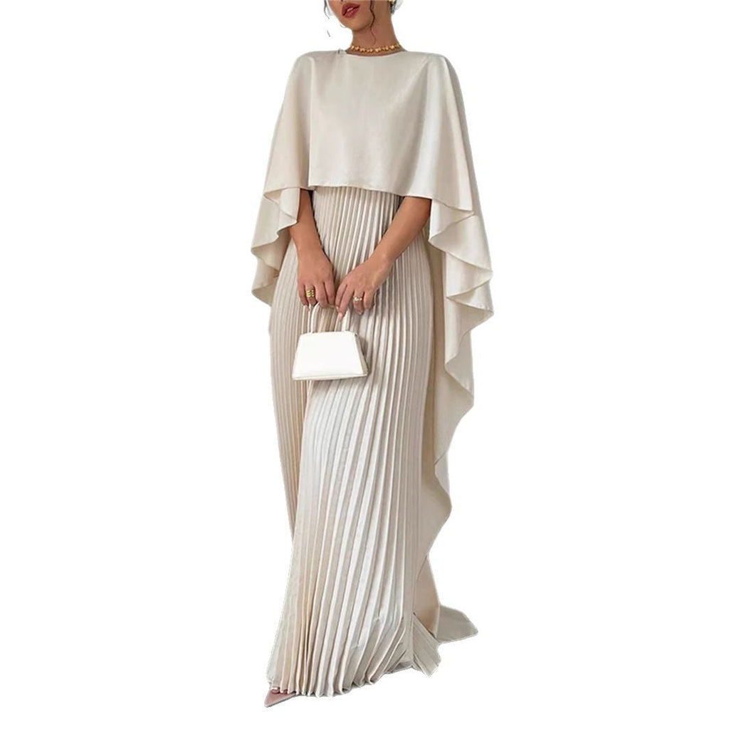 Valenzora | Elegant long dress with batwing sleeves, pleated asymmetrical design, and flowing fit