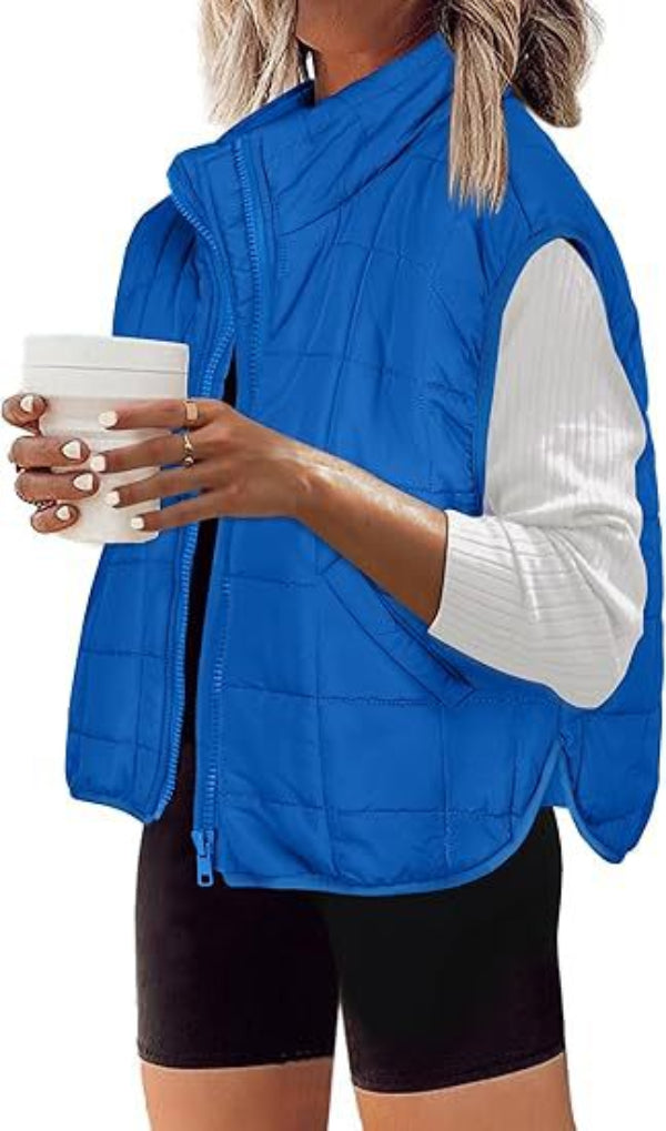 Women's quilted vest with high collar and practical side pockets, size