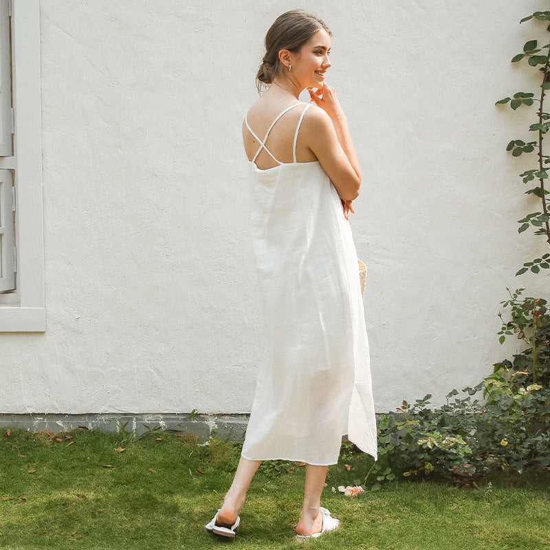 Elegantes Leinenkleid für Damen mit verstellbaren Spaghettiträgern und fließendem Schnitt, Größe S