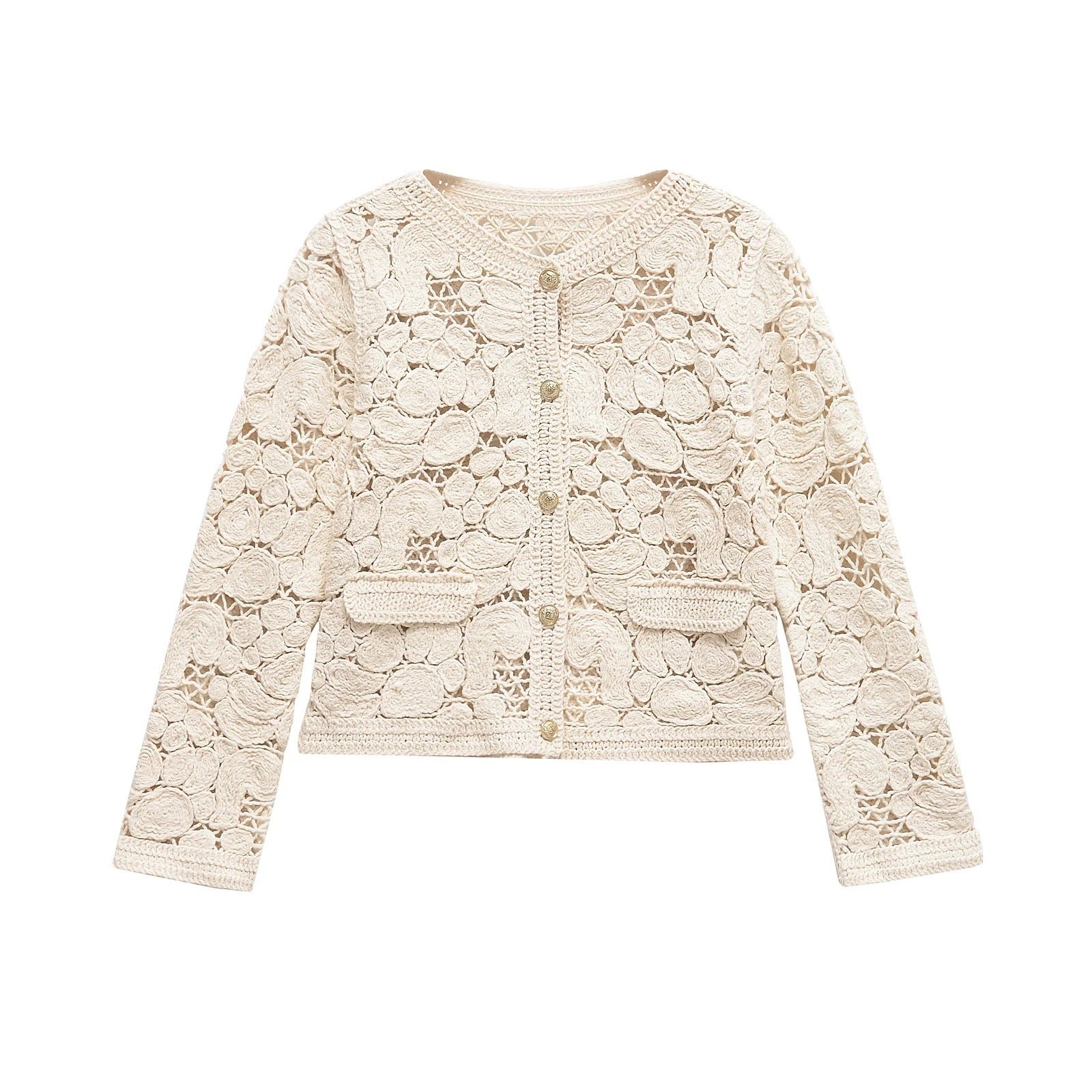 Damen-Strickjacke aus edler Spitze mit dekorativen Knopfdetails und eleganter Silhouette, Größe S