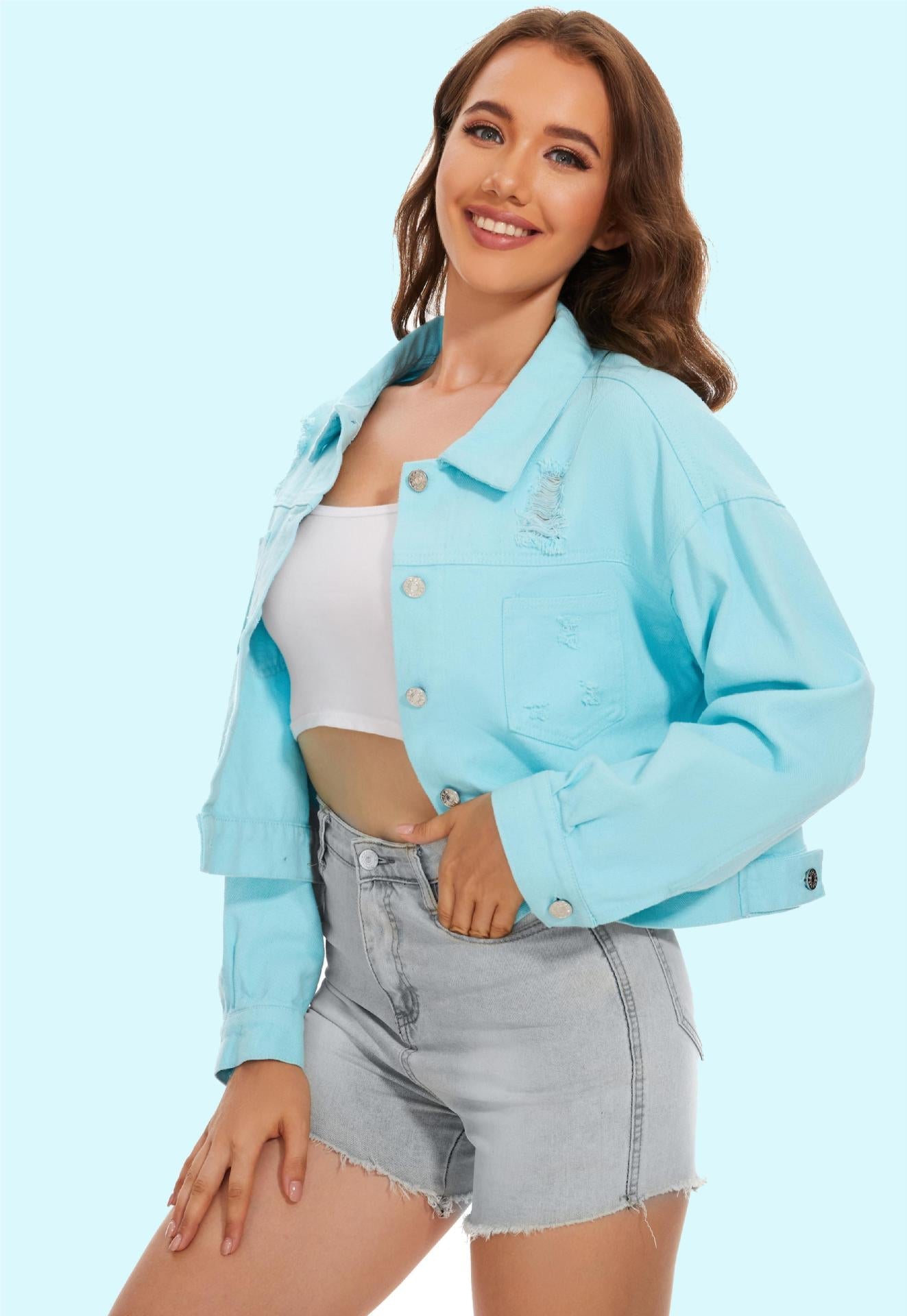 Women's denim jacket in a casual crop style with fringed details, size Valenzora