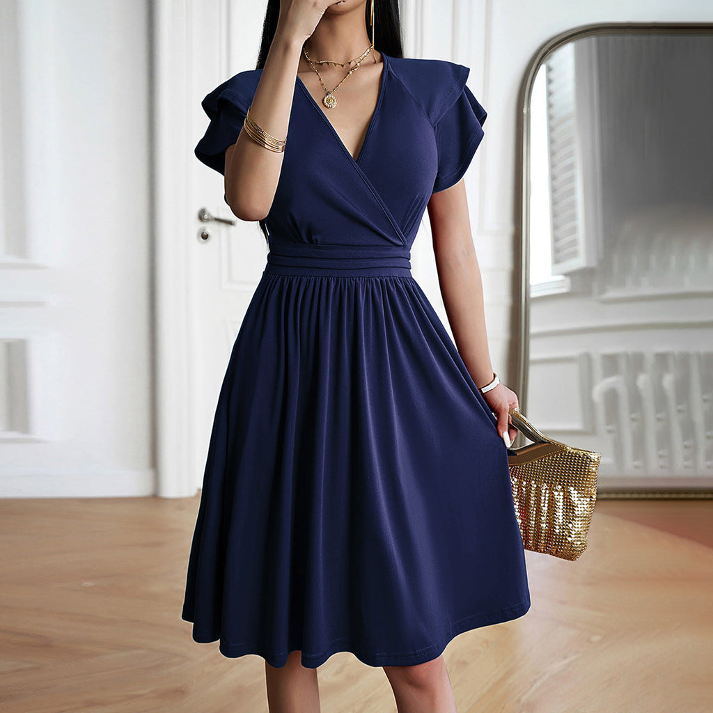 Valenzora | V-neck Solid Color Short Sleeve Dress for Women