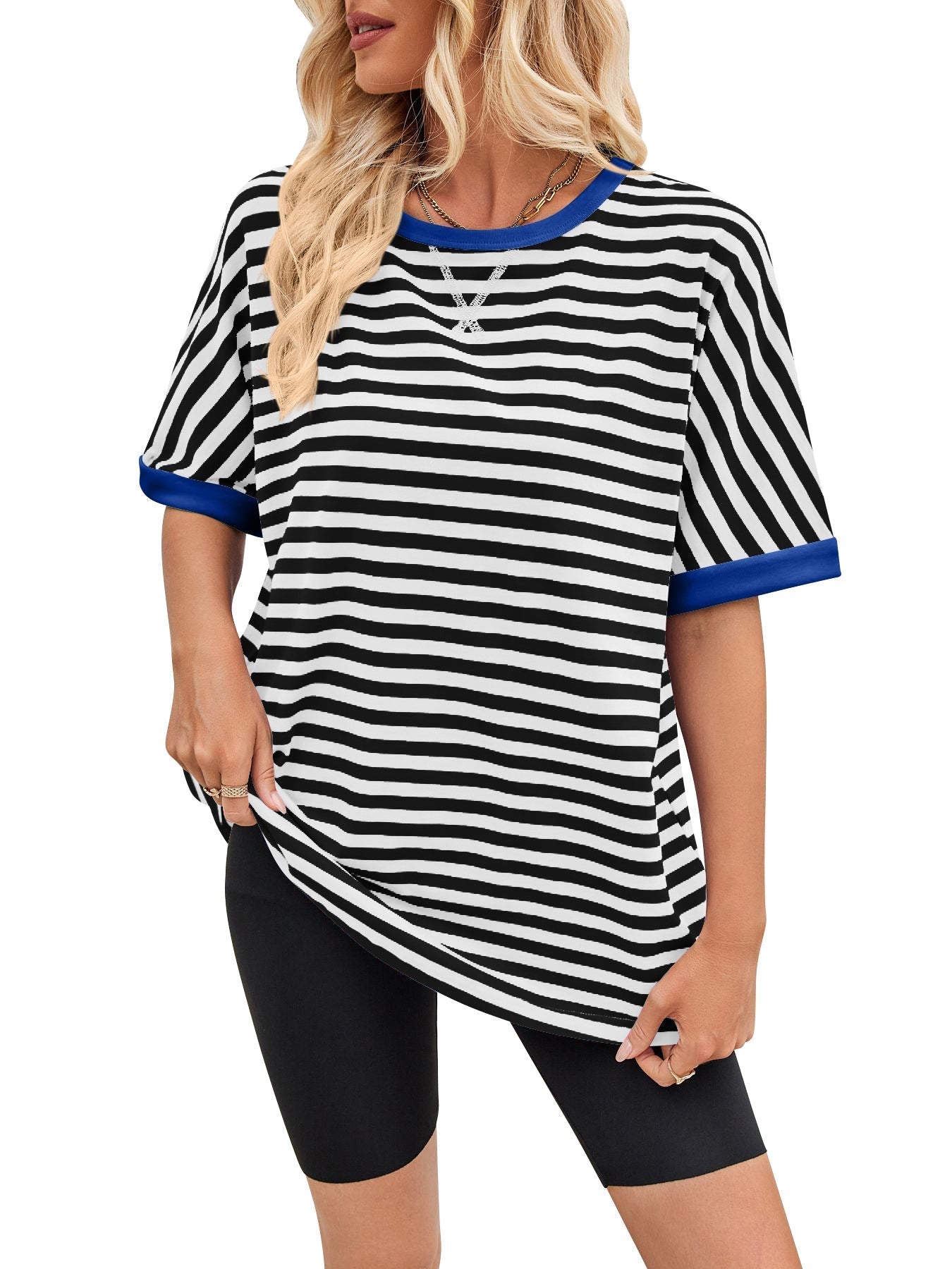 Women's casual striped top with a relaxed fit and contrasting neckband, size [size]