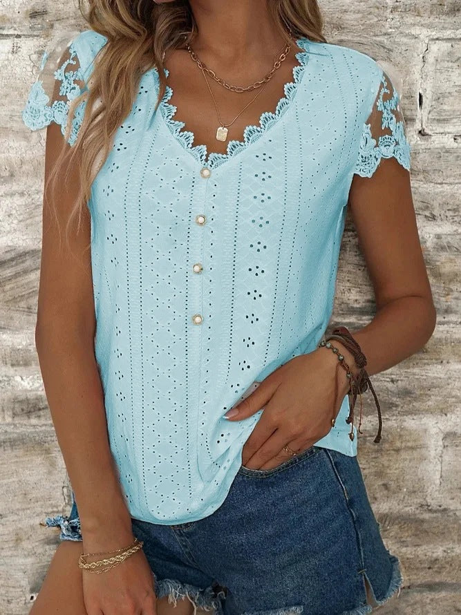 Women's blouse with romantic ruffles and unique eyelet embroidery, size