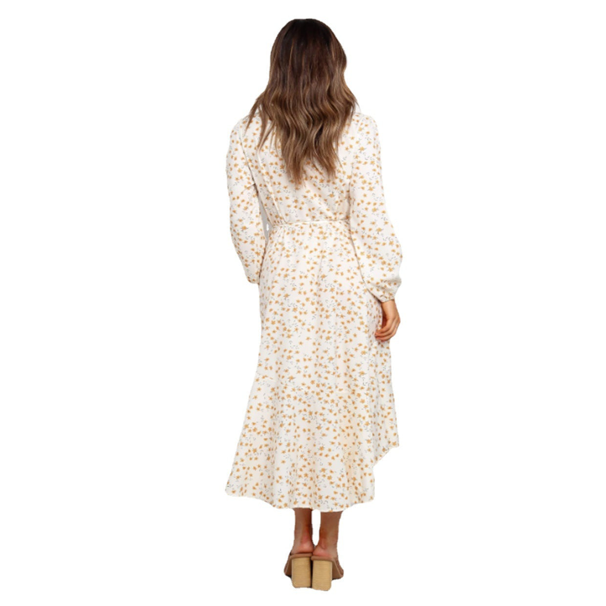 Women's wrap dress with voluminous sleeves and ruffled hem, size [size missing]