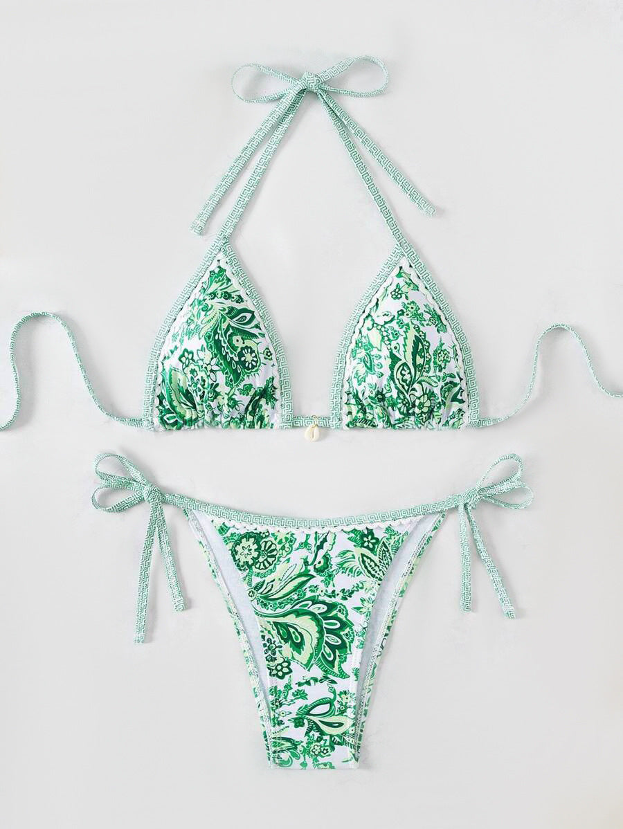 Women's triangle bikini set with playful floral pattern and adjustable ties, size [size]