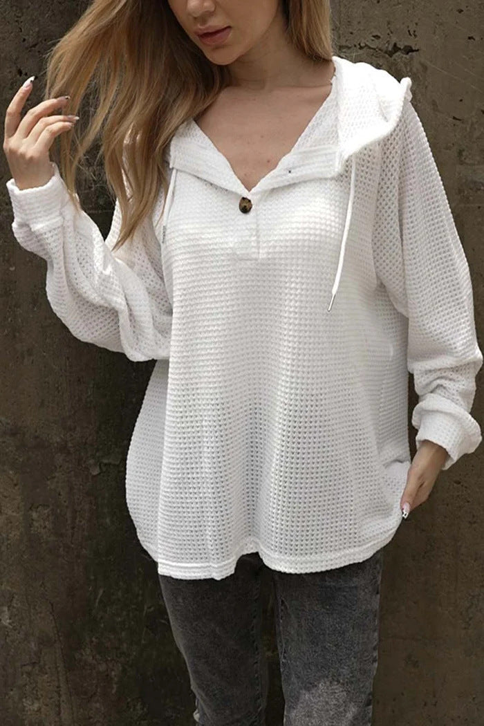 Valenzora | Solid Color Button Drawstring Loose Long Sleeve Hoodie