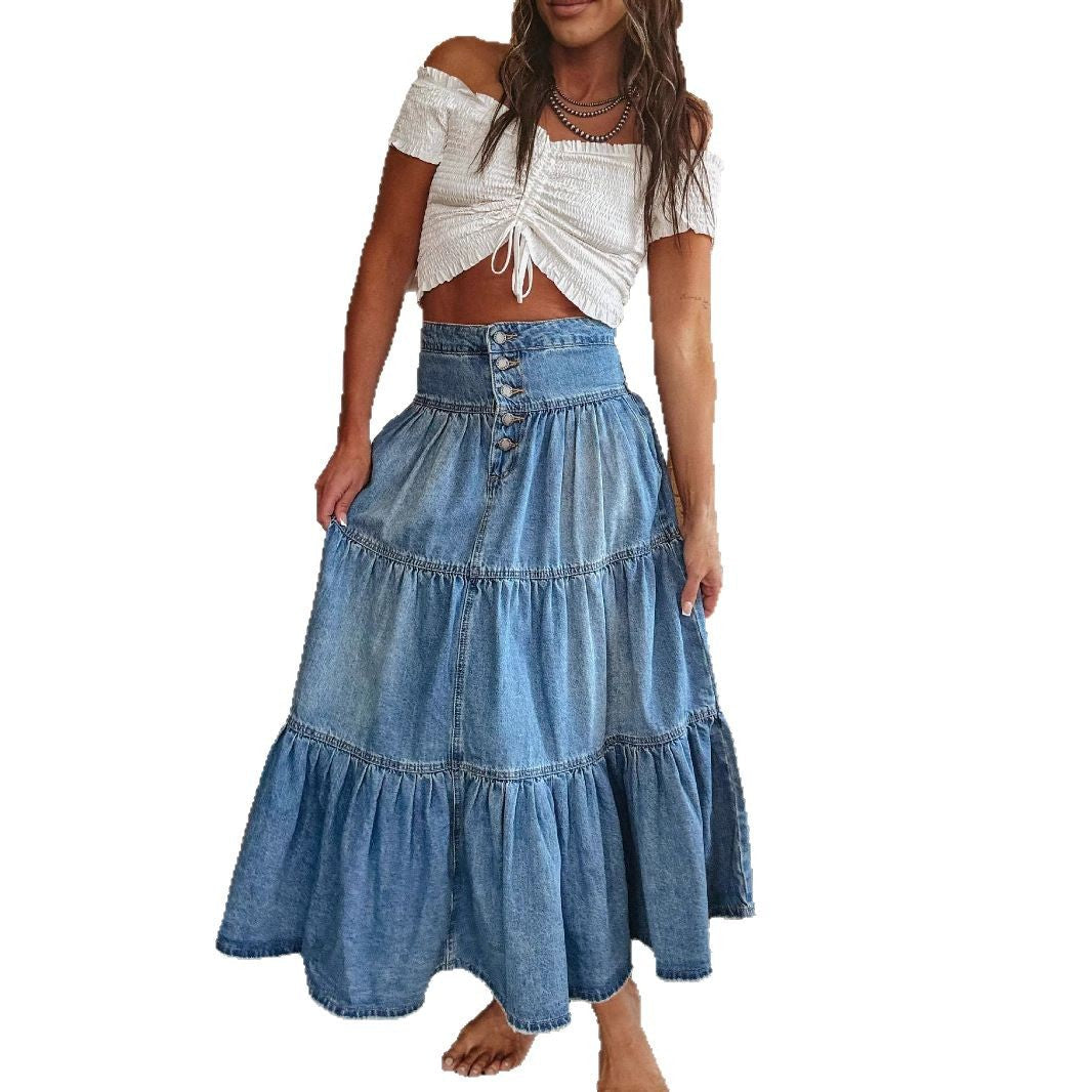 Women's cotton skirt with voluminous tiered design and fashionable button detail, size S