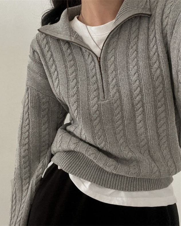Valenzora Vintage Rollkragen-Reißverschluss-Twist-Strickpullover