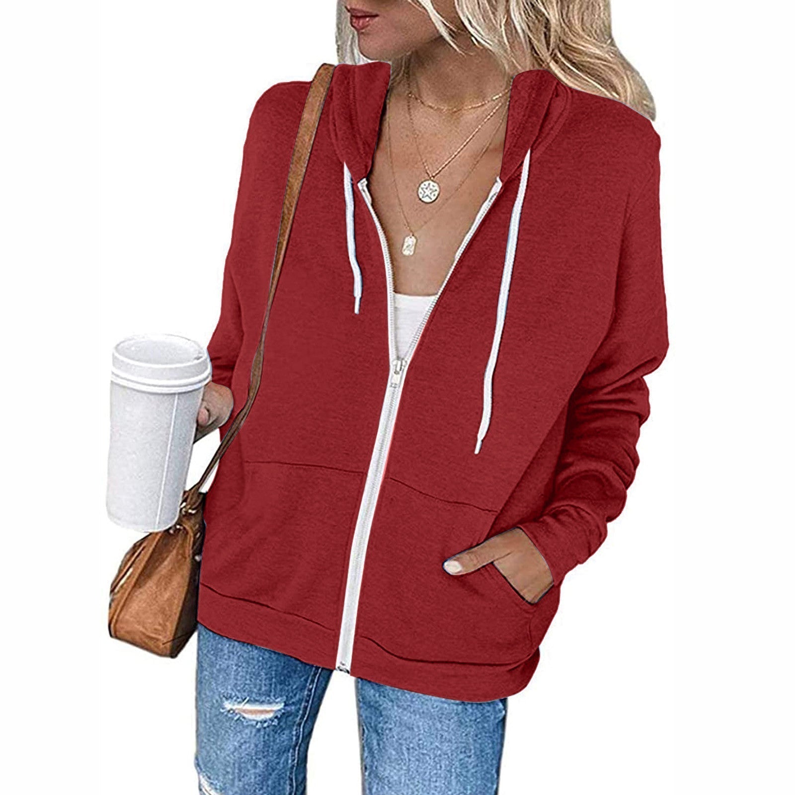 Women's casual hooded sweatshirt with full-length zipper and practical pockets, size S
